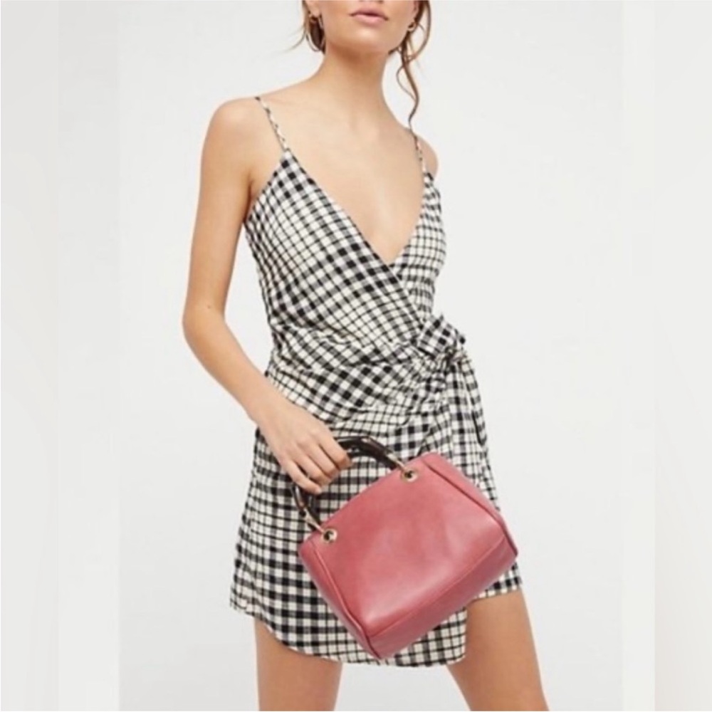 Free People Nodia Wrap Mini Dress-Black/White Gingham Plaid-Size 0